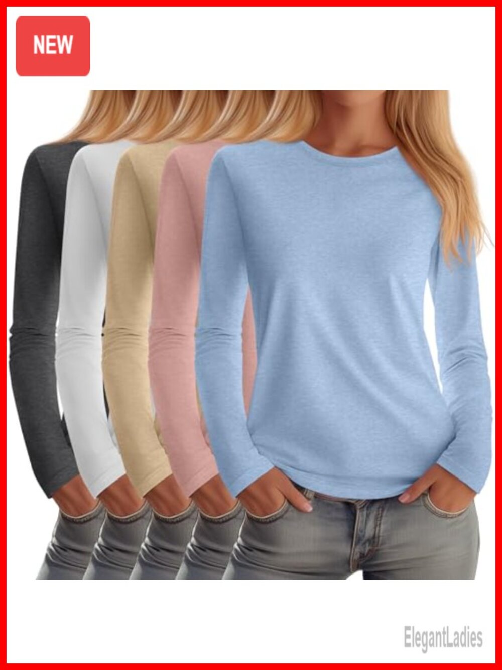 5 Pack Women's Crew Neck Long Sleeve Cotton Blend T-Shirts